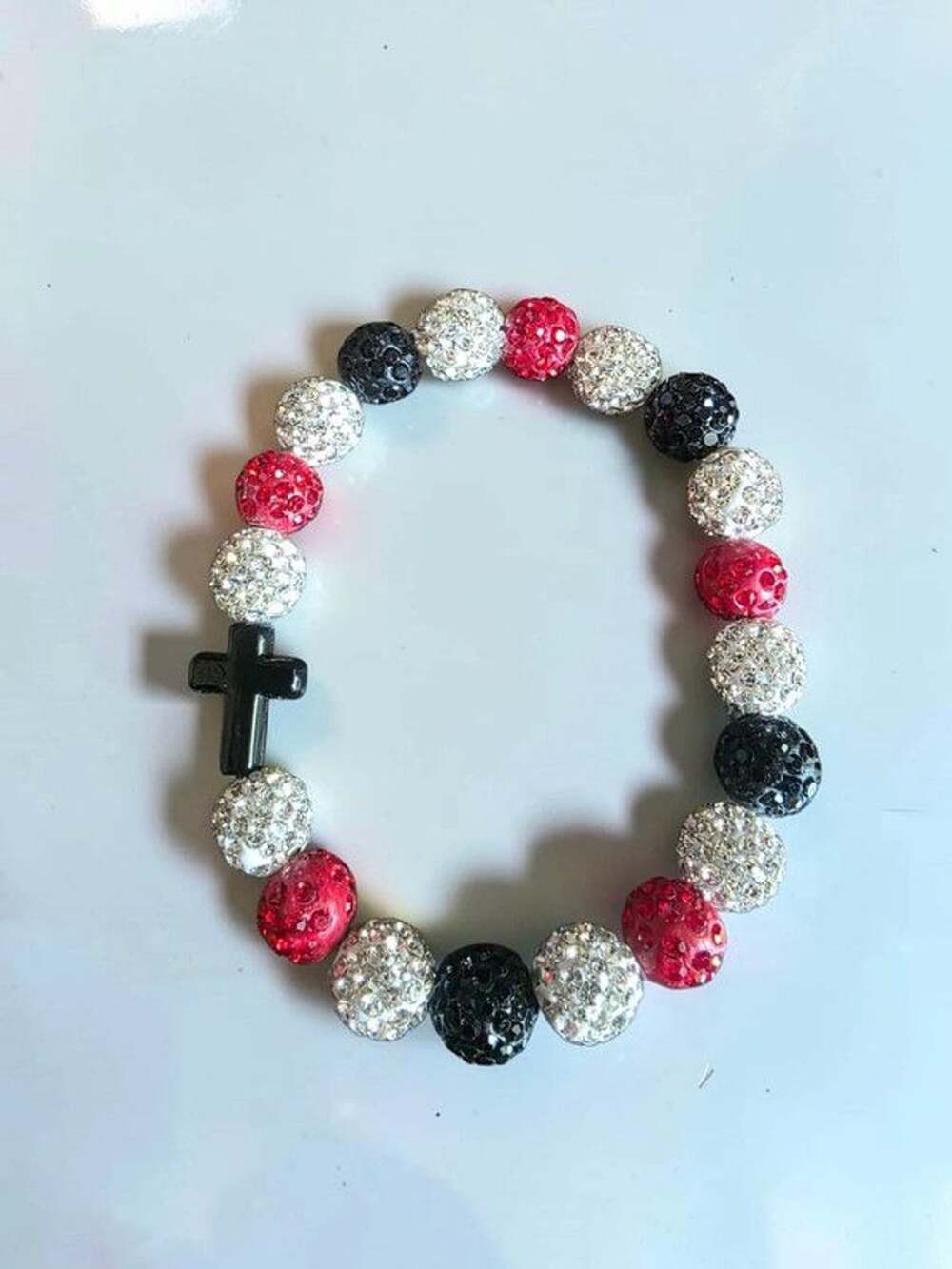 Black Cross Pavé Crystal Disco Ball Beaded Stretch Bracelet